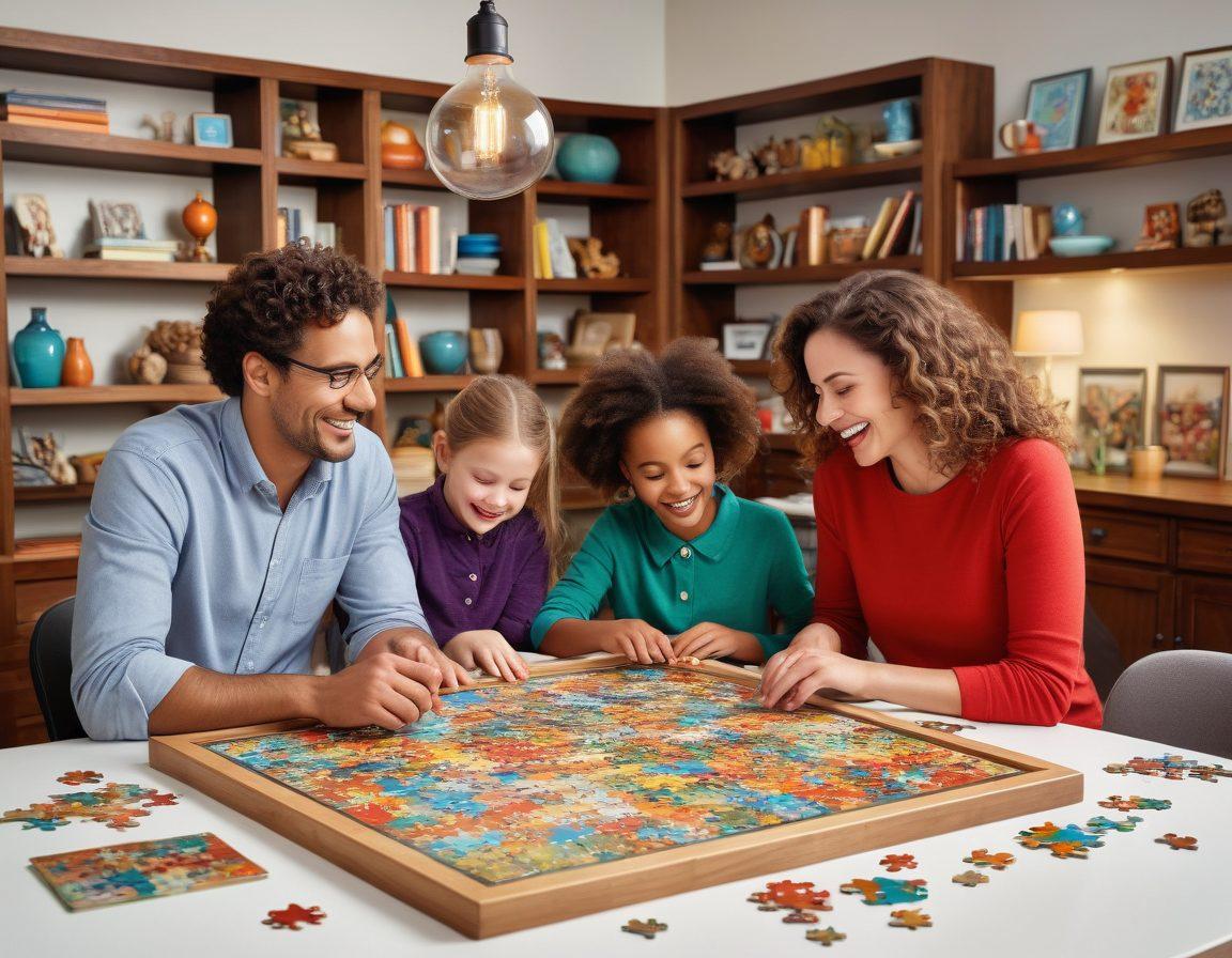 A colorful assortment of interactive puzzles spread across a vibrant tabletop, featuring jigsaw pieces, crosswords, and brain teasers, with a cheerful family gathered around, laughing and engaging. Sparking lightbulbs and gears symbolizing brain training hover above them. The background is filled with books and game pieces, creating an inviting atmosphere of fun and intellect. super-realistic. vibrant colors. white background.